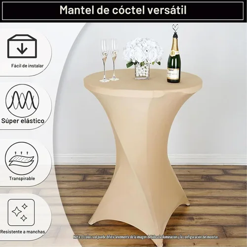 Vista 2 de Paquete de 2 Fundas para Mesa de Cóctel de Spandex Champán de 32x43 Pulgadas, Mantel de Cóctel Redondo Elástico, Funda de Mesa Highboy Ajustada