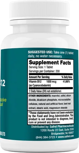Vista 3 de Safrel Vitamina B12 1000 mcg, 200 tabletas de disolución rápida, fácil de tomar sabor a cereza B12 sublingual, suministro para 200 días