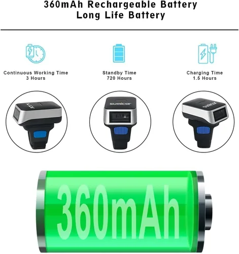 Vista 4 de Sumicor - Escáner de código de barras con anillo Bluetooth, lector de código de barras portátil Mnin 3 en 1, Bluetooth y 2.4 GHz, inalámbrico y USB