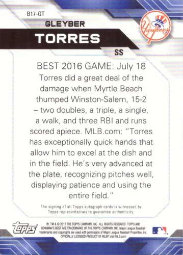 Vista 2 de 2017 Bowman's Best Baseball #B17-GT Gleyber Torres Certified Autograph Pre-Rookie Card