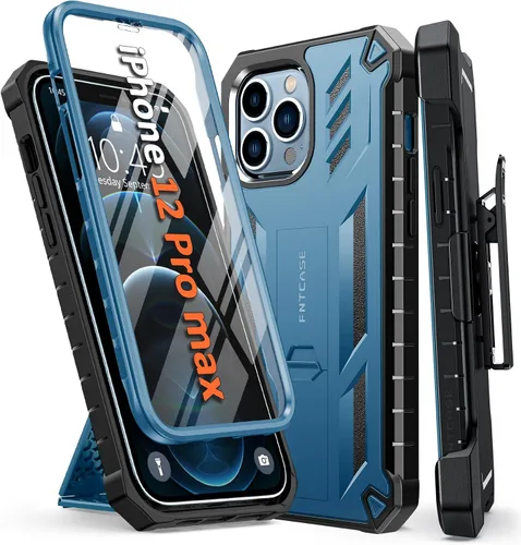 Vista 10 de FNTCASE Funda para iPhone 12-Pro-Max: con protector de pantalla integrado, soporte y funda con clip para cinturón, funda protectora militar