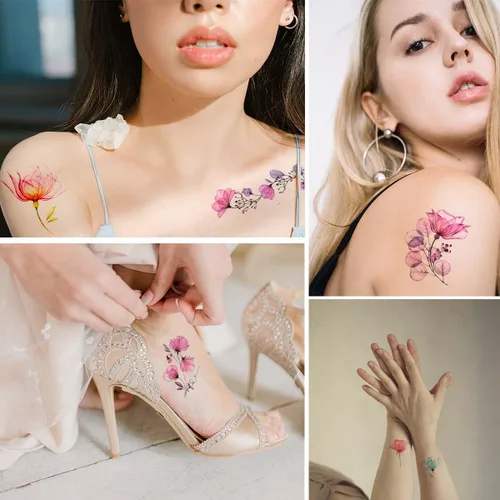 Vista 2 de 20 hojas de calcomanías de tatuajes temporales de flores, impermeables, para arte corporal, acuarela, floral, tatuaje temporal para mujeres y niñas