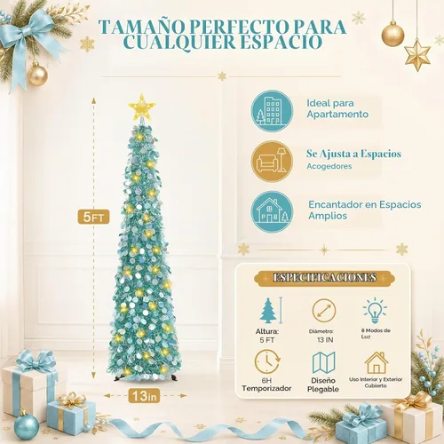 Vista 5 de Árbol de Navidad desplegable de 5 pies con estrella superior iluminada, azul aguamarina Aqua Blue