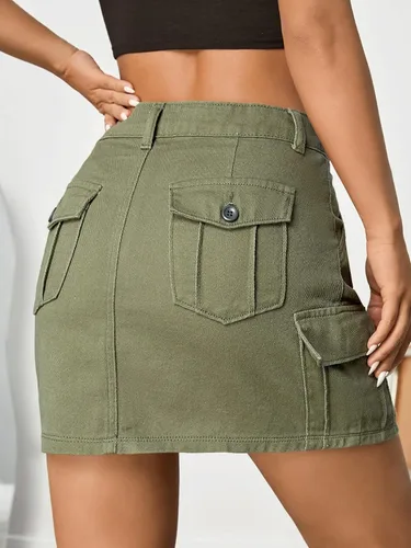 Vista 2 de WDIRARA Falda vaquera de cintura alta con cremallera lateral y bolsillo con solapa para mujer