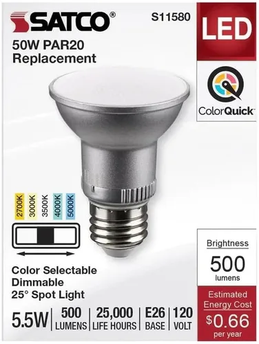 Vista 4 de Satco S11580 LED PAR20 de 5.5 vatios; base media; acabado plateado; CCT seleccionable; 120 voltios; ángulo de haz de 25 grados (6 bombillas LED)