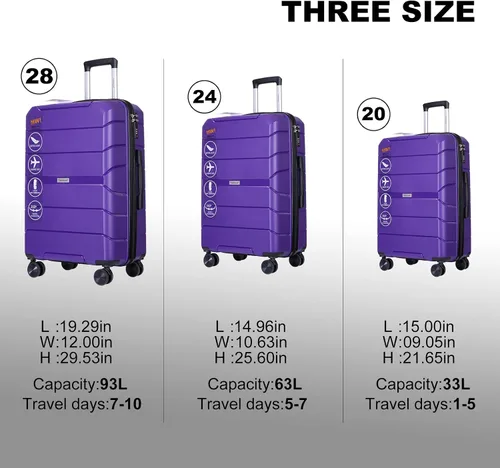 Vista 8 de Travelhouse Juego de equipaje, 3 piezas de maleta con ruedas giratorias, cerraduras TSA para equipaje de 20 pulgadas, 24 pulgadas y 28 pulgadas