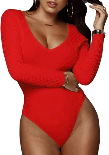 Vista 7 de GEMBERA Body de manga larga con cuello en V profundo para mujer, de punto acanalado, ajustado, básico Negro