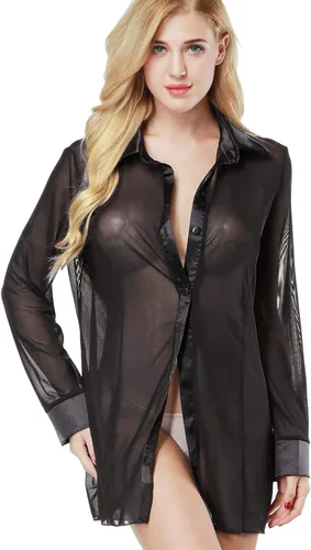 Vista 3 de Pijamas sexy Sheer Sleepshirt ETAOLINE de manga larga blusa de malla de lencería