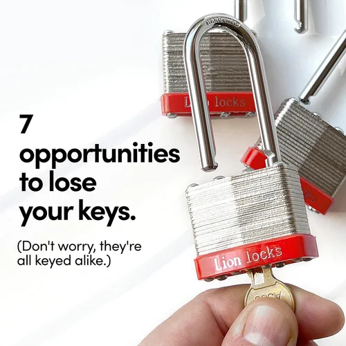 Vista 3 de Lion Locks 4 Candados de Llave Igual con Grillete Largo de 2", 8 Llaves, Candado de Acero Endurecido, Cilindro de Pines de Latón Resistente a