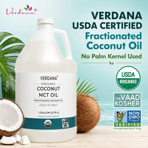 Vista 3 de Aceite de coco MCT orgánico certificado USDA Verdana – Aceite de coco fraccionado – Sin uso de semilla de palma – Kosher, grado alimenticio, sin