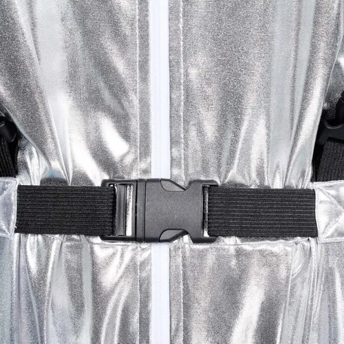 Vista 5 de Sywiyi Disfraz de astronauta para adultos, para mujeres y hombres, con cremallera metálica brillante, traje espacial plateado