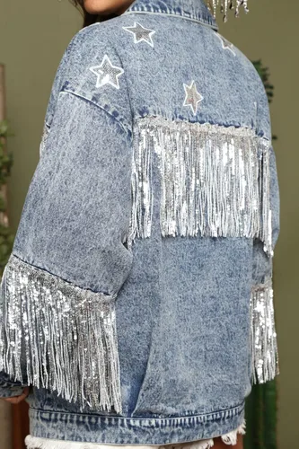 Vista 4 de Chaqueta vaquera de manga larga para mujer, con flecos, de gran