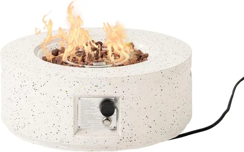 Vista 3 de HOMPUS Fogata de propano para exteriores, 40,000 BTU de 28 pulgadas, mesa redonda de hormigón de terrazo blanco con rocas de lava y cubierta