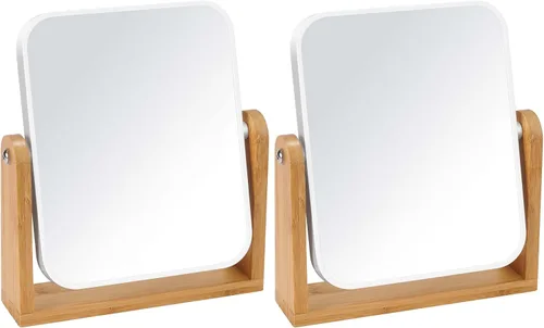 Vista 9 de LFOYOU Espejo de maquillaje de tocador con soporte de bambú natural, espejo de aumento giratorio de 360 grados de doble cara, espejo de maquillaje