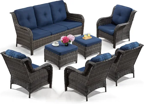 Vista 52 de Juego de 2 sillas de patio giratorias de 360 grados para exteriores y mesa auxiliar a juego – 3 sillas deslizantes de mimbre para patio con cojines