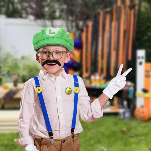 Vista 4 de Lomealy Super Bros Gorras Gorras Bigotes Tirantes Elásticos Guantes Botones Cosplay Disfraz