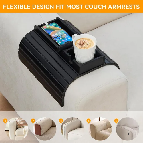 Vista 7 de GEHE Soporte para tazas de sofá de bambú, bandeja de brazo de sofá antiderrames, natural y fácil de limpiar, bandeja para reposabrazos perfecta