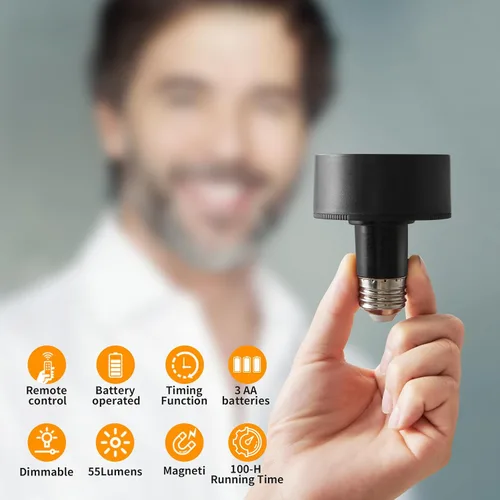 Vista 4 de Vitnucrol Paquete de 2 bombillas magnéticas a pilas con control remoto, luces LED inalámbricas negras, inalámbricas, regulables, E26, atornillables