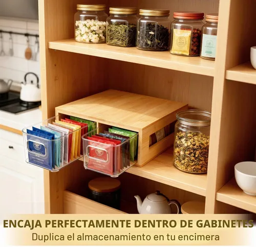 Vista 3 de Organizador de bolsitas de té, bambú y acrílico, soporte para bolsitas de té de madera, almacenamiento para cajones con 2 compartimentos espaciosos