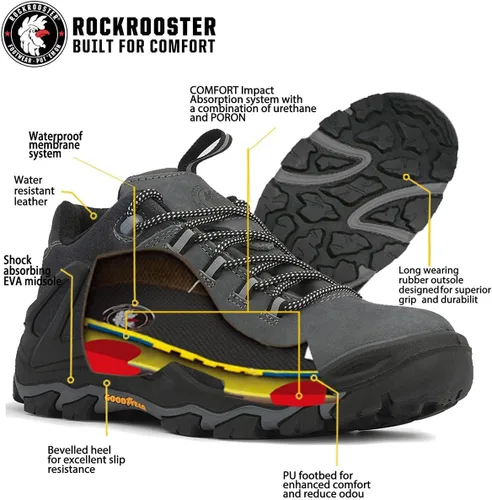 Vista 3 de ROCKROOSTER Farland - Zapatos de senderismo impermeables para hombres, zapatos de senderismo antideslizantes de 4 pulgadas, antifatiga, cómodos