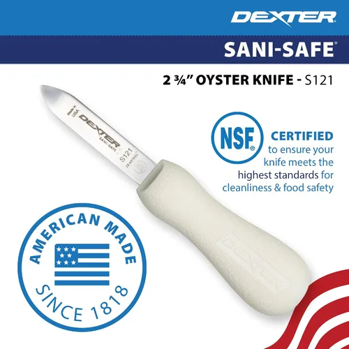 Vista 2 de Dexter-Russell - Cuchillo para ostras estilo New Haven de 2.75 pulgadas de la serie Sani-Safe Classic New Haven pattern blade with bent tip that