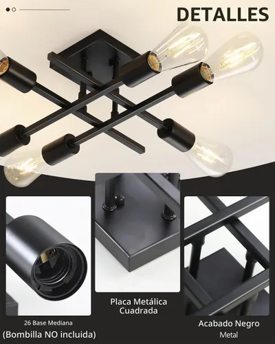 Vista 2 de Lámpara de techo semiempotrada de 6 luces, moderna lámpara Sputnik negra, lámpara de techo de granja E26, lámpara de techo para cocina, dormitorio
