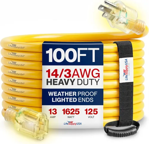 Vista 111 de Cable de extensión SJT de 12/3 300 V con luz LED para uso en interiores y exteriores con enchufe con iluminación LED Amarillo