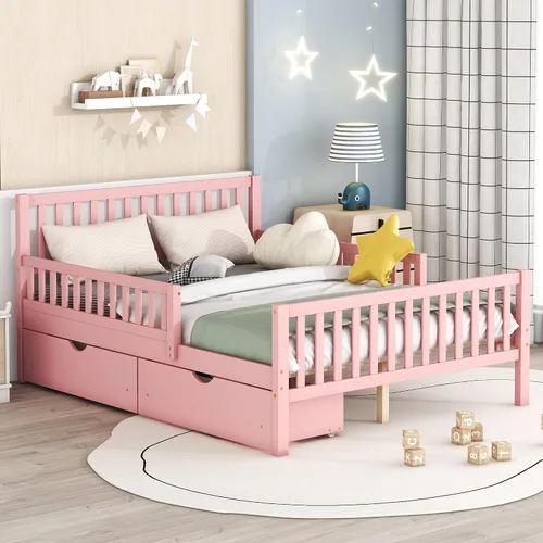 Vista 9 de Base de cama baja de madera para niños, cama de plataforma de madera con cabecera de 2 niveles, luz LED integrada, adecuada para niños y niñas