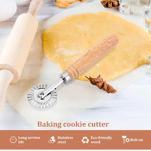 Vista 2 de SHANGSKY Rueda cortadora de repostería, rueda de corte de ravioles con mango largo de madera, cortador de pasta, bola de masa para hacer encaje