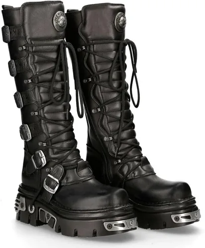 Vista 2 de New Rock Botas altas góticas Emo de cuero negro metálico 272-S1 para hombre con cierre de encaje y hebilla