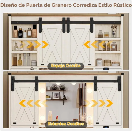 Vista 3 de Hasuit Escritorio de tocador de granja con espejo y luces, tocador de maquillaje blanco con estación de carga, espejo de tocador rústico con puerta