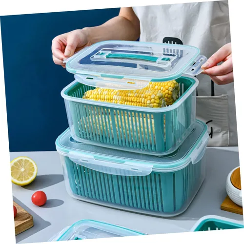 Vista 7 de 3 cajas de almacenamiento apilables para refrigerador con tapas a prueba de fugas y cestas de drenaje internas, escurridor multifuncional
