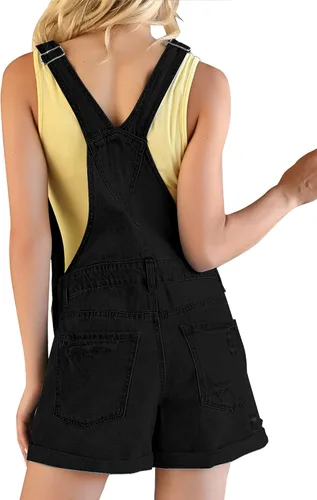 Vista 2 de GRAPENT Pantalones cortos de mezclilla rasgados con tirantes ajustables para mujer