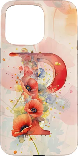 Vista 28 de iPhone 16 Beautiful Poppy Flowers Initial Letter P Monogram Watercolor Case
