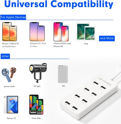 Vista 3 de Cargador de pared USB Estación de carga USB para múltiples dispositivos, tira de concentrador de carga de 8 puertos, bloque de cargador inteligente