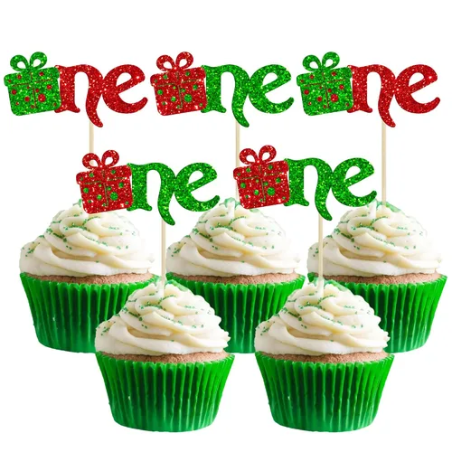 Vista 27 de Gyufise 24 piezas Adornos de pastel para revelación de género de Navidad con purpurina, sombrero navideño de Navidad, adorno de pastel de él o ella