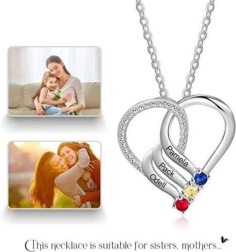 Vista 9 de Jeweidea Collar de corazón personalizado con 2-6 piedras natales de imitación con nombre personalizado madre e hija cadena colgante para mujeres