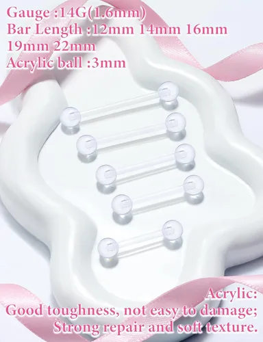 Vista 3 de Prjndjw 14G Acero quirúrgico rectas barras de pesas - Anillos para lengua y pezón para mujeres y hombres - Longitud 12MM, 14MM, 16MM, 18MM, 22mm