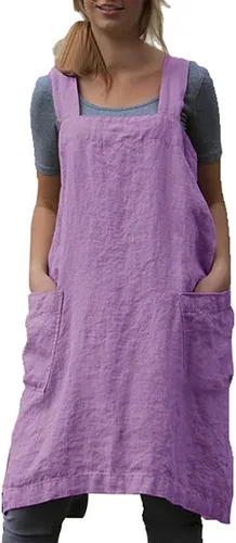 Vista 13 de VLZUFE Delantal de lino de algodón para mujer, delantal con espalda cruzada, vestido para hornear, cocinar, trabajar en jardinería