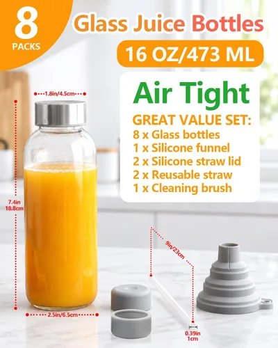 Vista 2 de Zukro Botellas de jugo de vidrio de 16 onzas, tapa de acero inoxidable a