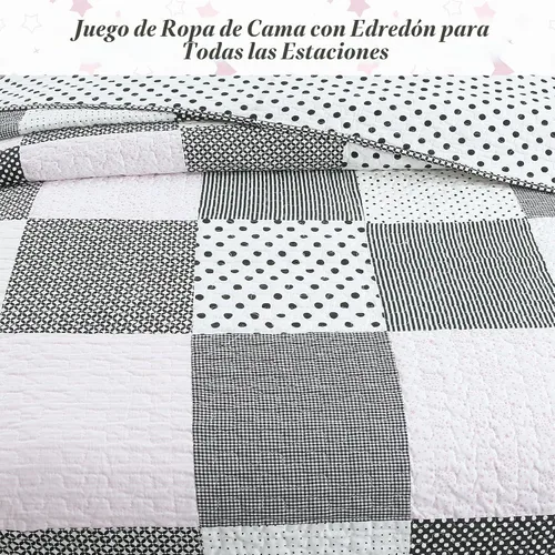 Vista 4 de Cozy Line Home Fashions - Juego de ropa de cama reversible de lunares y rayas en negro, blanco y rosa, con estrellas, de 100% algodón, colcha