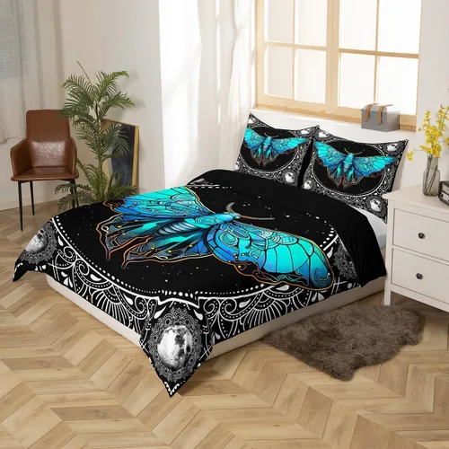 Vista 2 de Erosebridal Juego de funda de edredón de polilla azul, tamaño individual, para niños y niñas, estilo bohemio, floral, mandala, color blanco y negro