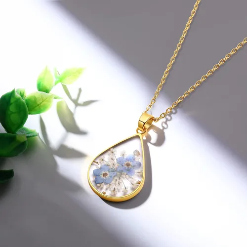 Vista 107 de Forget-Me-Not and Queen Anne's Lace Pressed Wildflower Necklace Birth Month Real Flower Necklace Gold/Silver Pressed Flower Jewelry