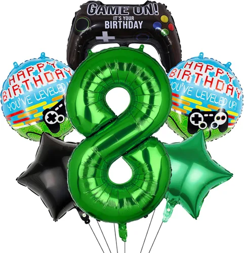 Vista 9 de 6 globos de videojuegos, controlador de videojuegos, globo de aluminio de tereftalato de polietileno con número de cumpleaños, suministros de fiesta