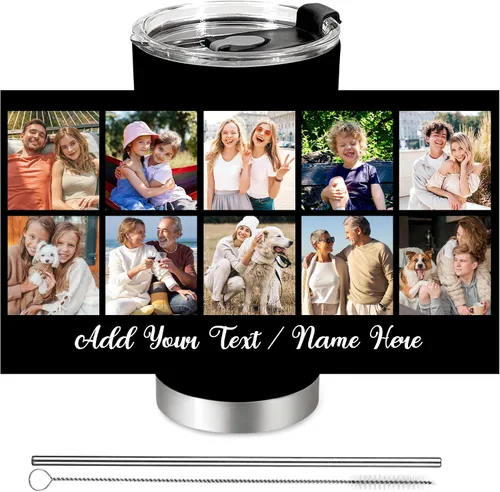 Vista 22 de Vaso personalizado con texto fotográfico, vaso de acero inoxidable con pajilla, taza de café personalizada con foto de viaje, regalo
