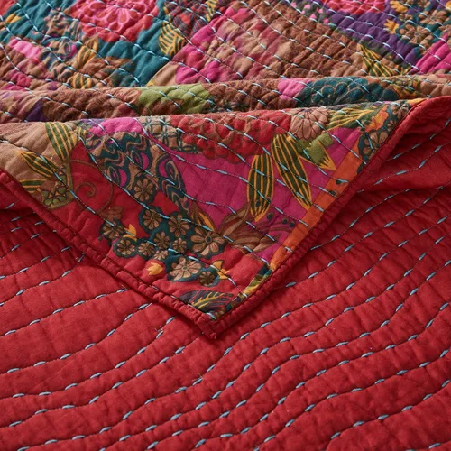 Vista 4 de Greenland Home Jewel Kantha - Juego de cama reversible acolchado 100% algodón, tamaño individual (2 piezas), color rojo