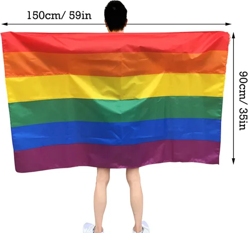 Vista 2 de ORHA Capa de bandera de arco iris, disfraz de bandera del Día del Orgullo, bandera de 59 x 35 pulgadas, bandera portátil para adultos, decoración
