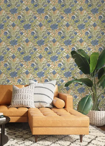 Vista 2 de Bright Multi Moody June Blooms - Papel tapiz para despegar y pegar, color azul