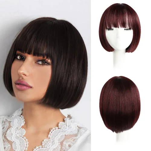 Vista 48 de Pelucas Bob con flequillo, peluca de cabello castaño rojizo de 10 Caoba