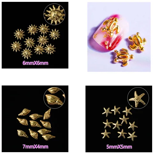 Vista 3 de 12 estilos de tachuelas de metal dorado metálico 3D remaches palmeras tortugas vida marina para verano, playa, océano, manicura, bricolaje, uñas